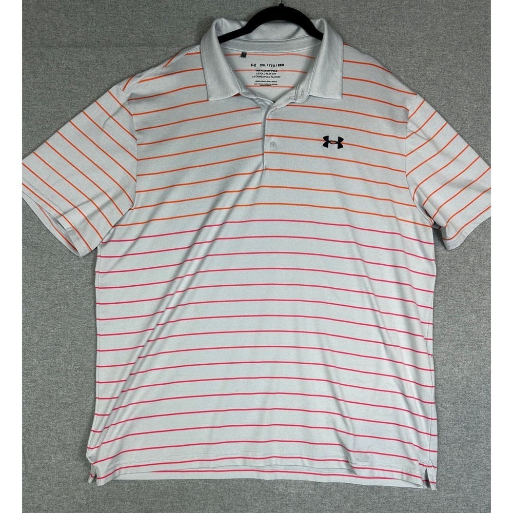 Under Armour Playoff Polo Shirt Mens XXL Grey Orange Pink Striped Loose Fit Golf